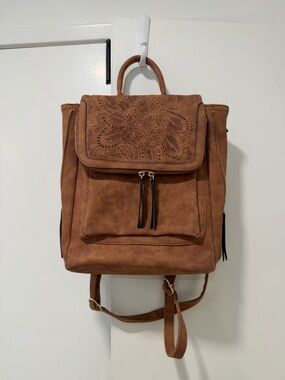 Brown Floral Laser-Cut Faux Leather Backpack Tote